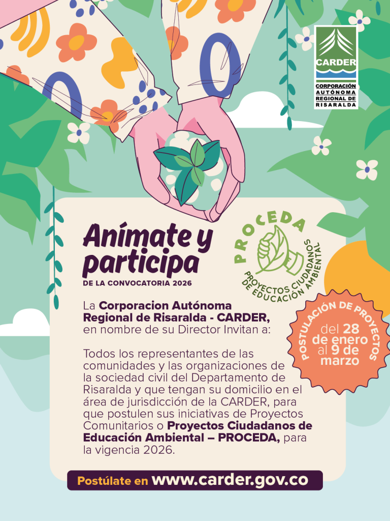 CARDER abre convocatoria para Proyectos Ciudadanos de Educación Ambiental (PROCEDA) Vigencia 2026